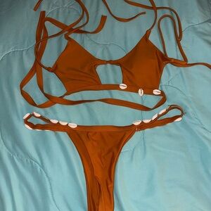SHEIN Orange and White Bikini Set with Ruffle Detail